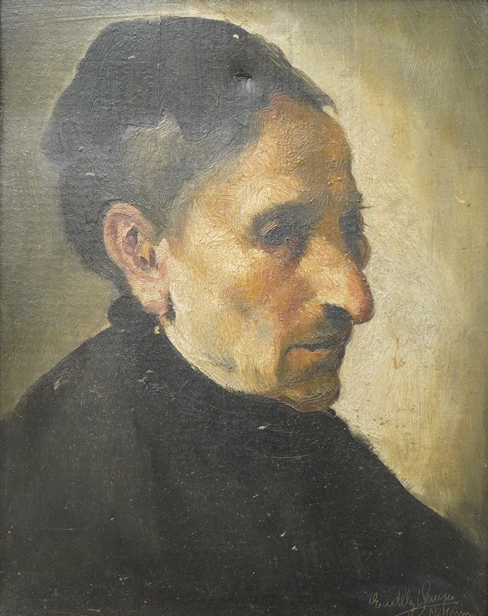 Erdelyi?, Portrait of an elderly lady, indistinctly signed and dated 1921 lower right, oil on board, probably Hungarian, 40 x 32cm